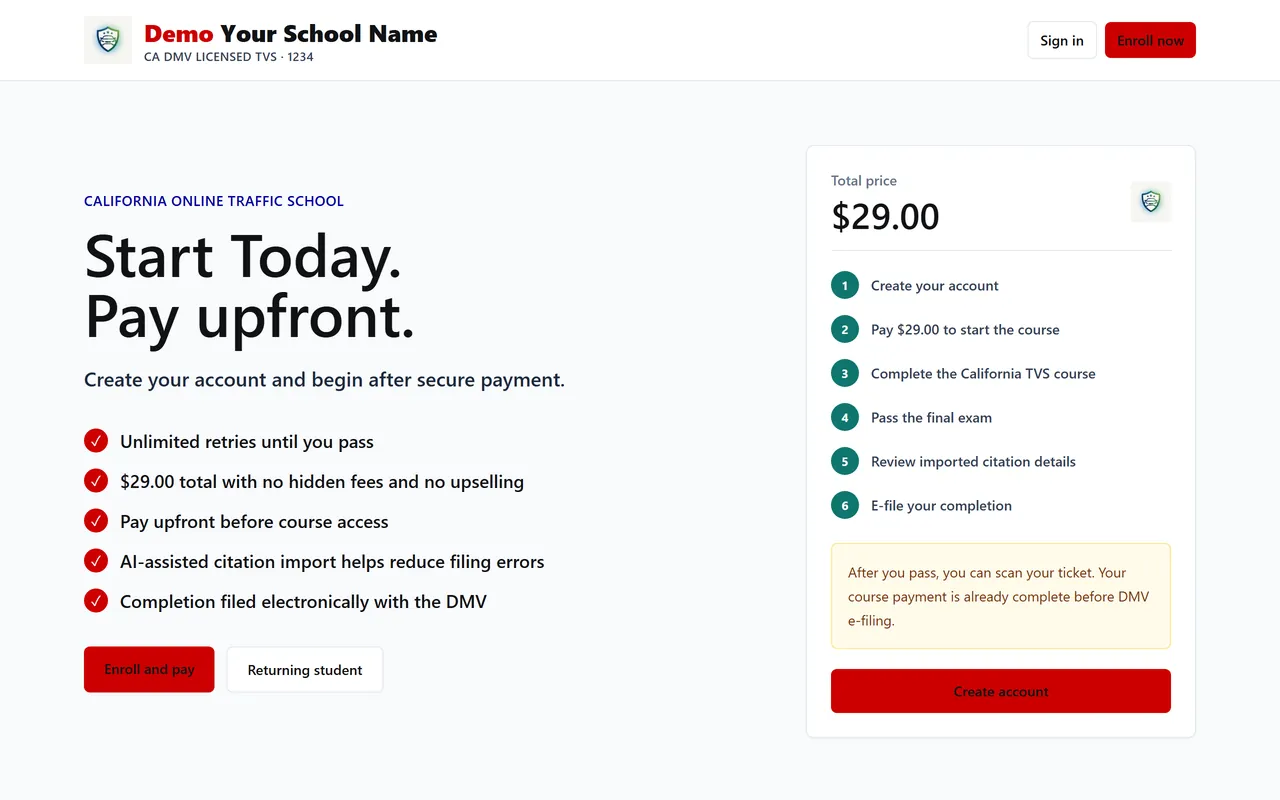 Home page of the demo traffic school, branded as Your School Name